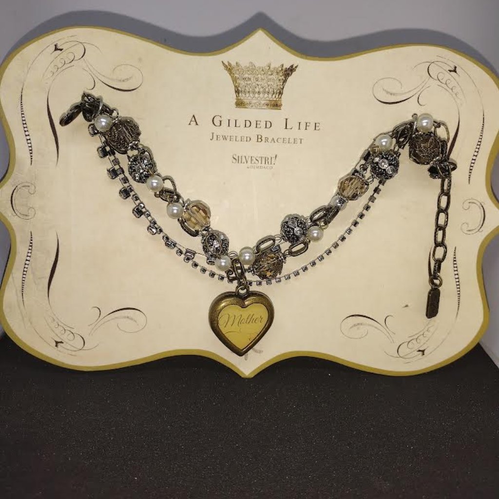 Demdaco Mother Heart Rhinestone Pearl Beaded Antiqued Goldtone One Size 9$
